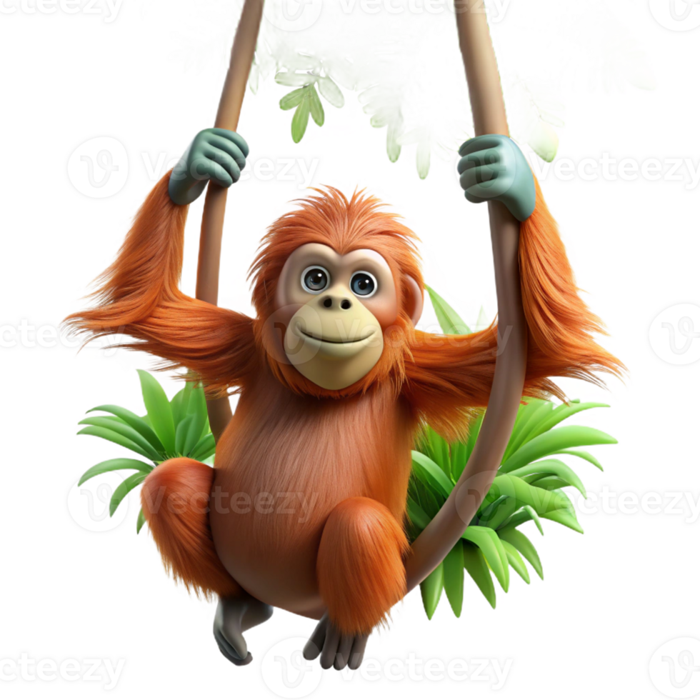 wonderful artistic A curious orangutan swinging through the trees, jungle setting, natural lighting high resolution png