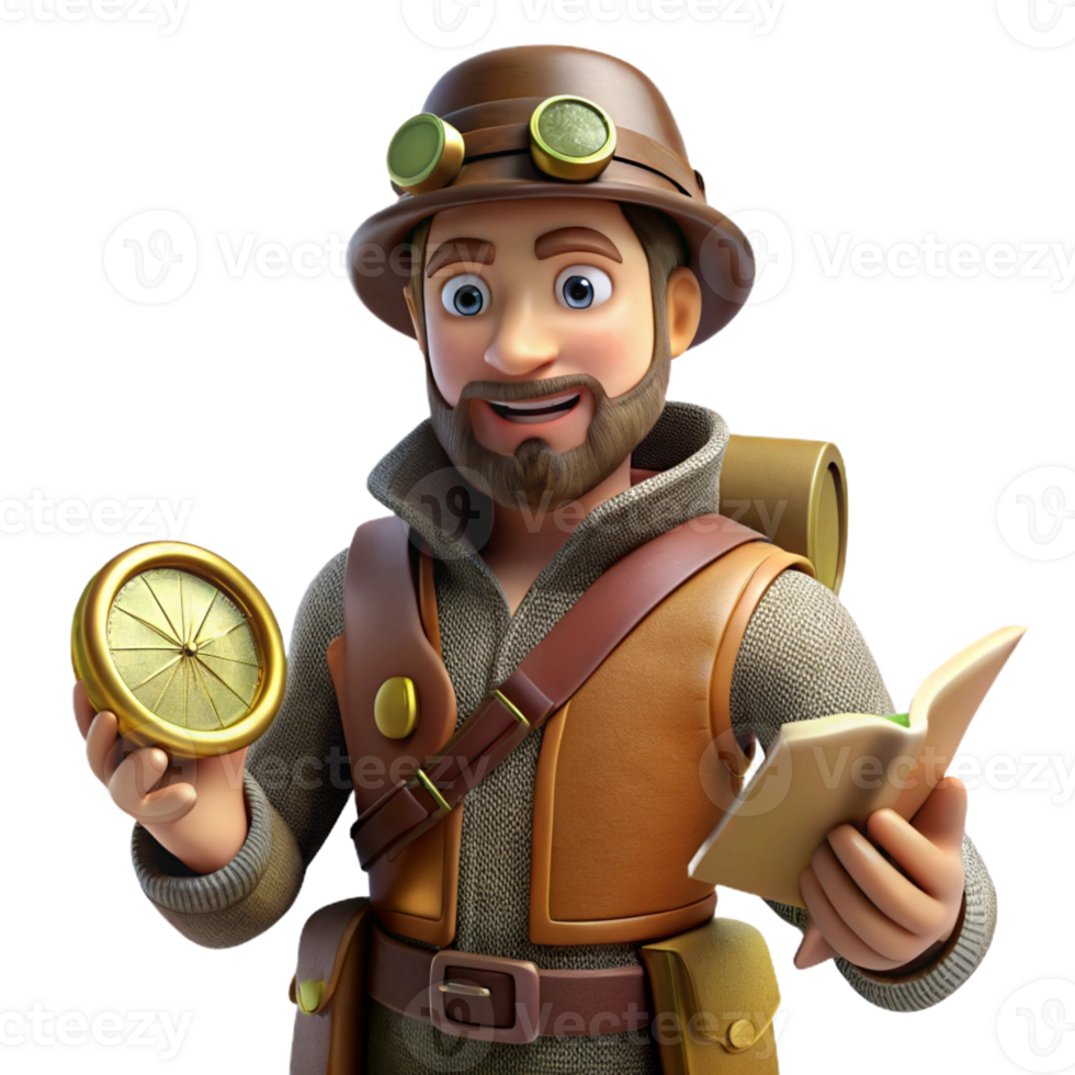 wonderful artistic A steampunk explorer, holding a compass and map, rugged outfit, brightly lit, adventurous style high quality png