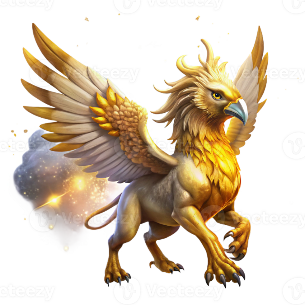 impressive minimalist A majestic griffin with golden feathers and piercing amber eyes, soaring through a swirling nebula, illuminated by starlight. Digital painting style detailed png