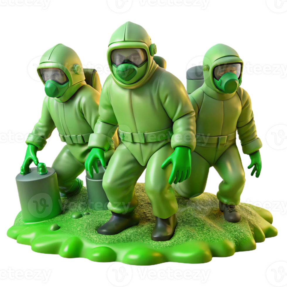 impressive abstract A group of figures in protective suits exploring a contaminated zone, eerie green lighting, biohazard style, realistic rendering, detailed textures professional png