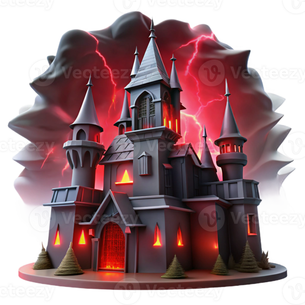 wonderful minimalist A haunted, decaying castle silhouetted against a stormy, blood-red sky. Lit by flickering torchlight and lightning, rendered in a gothic horror style high resolution png