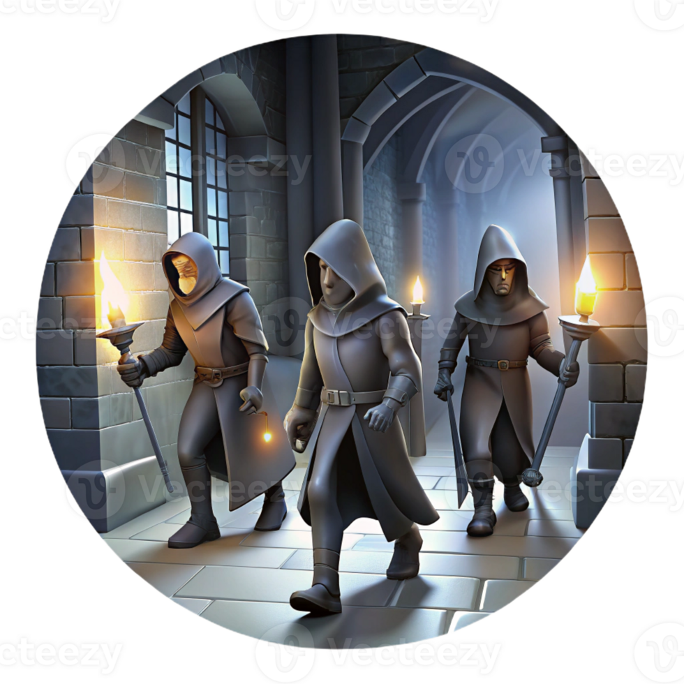 magnificent contemporary A group of shadowy assassins with glowing daggers stalking through a dark alleyway. Lit by flickering gaslight, depicted in a gritty, noir style high resolution png