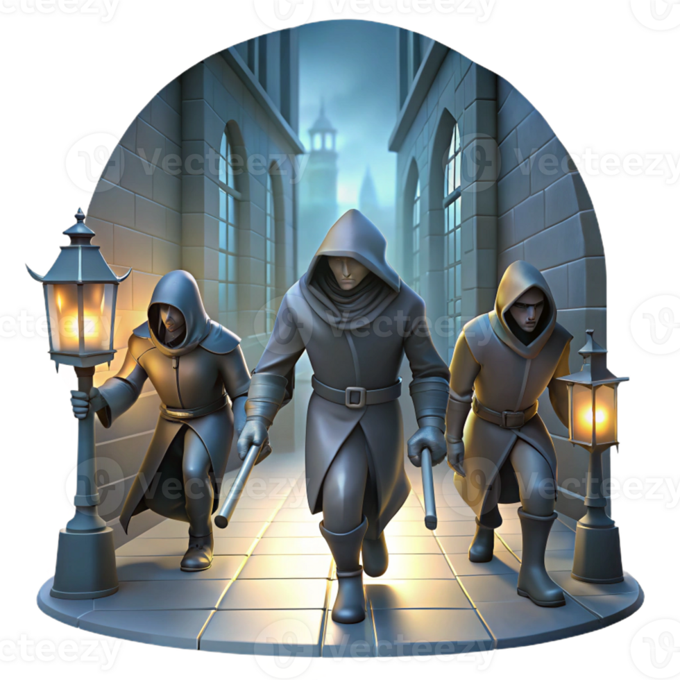 extraordinary abstract A group of shadowy assassins with glowing daggers stalking through a dark alleyway. Lit by flickering gaslight, depicted in a gritty, noir style high quality png