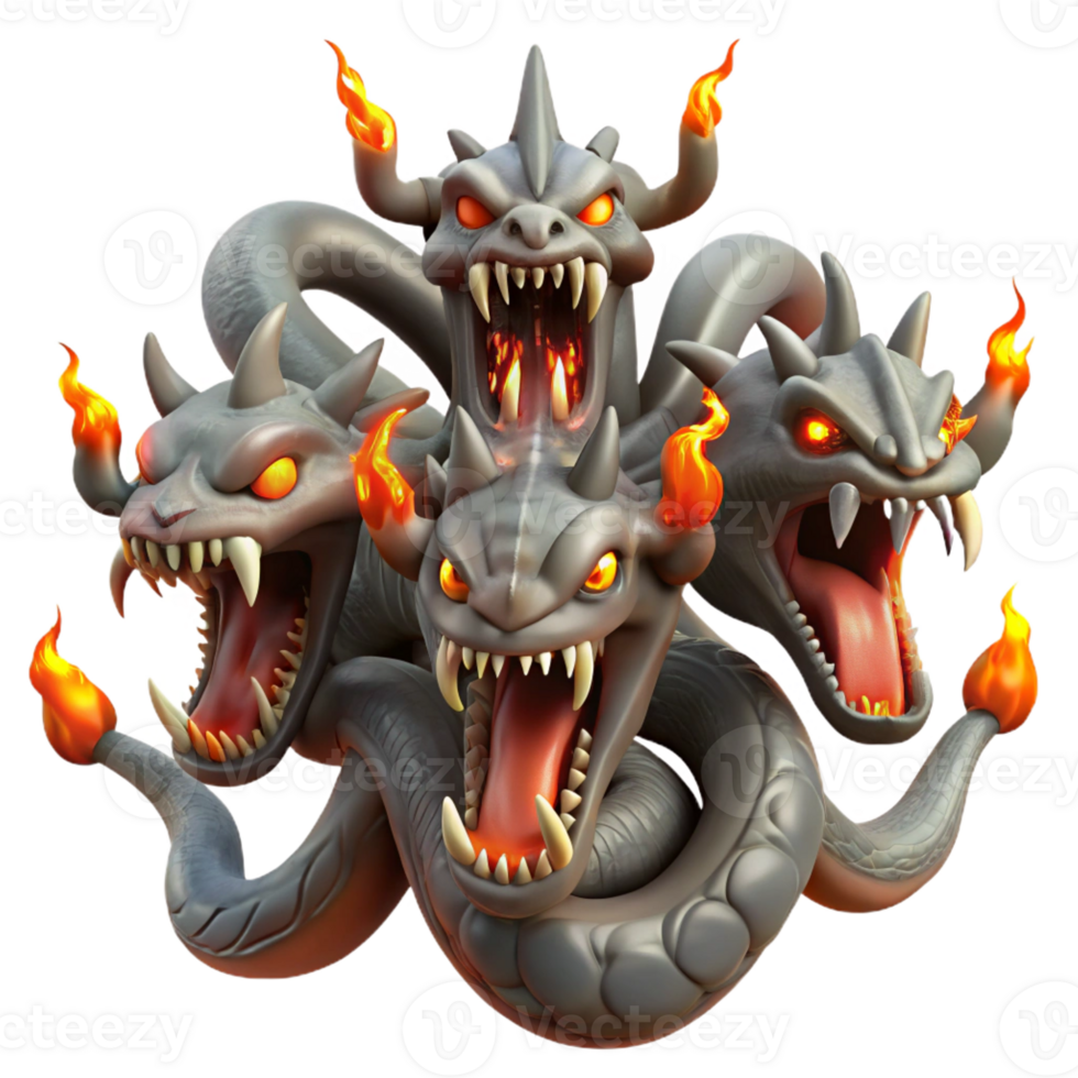 beautiful classic A colossal hydra with nine snarling heads, each dripping venom, lit by infernal flames, in a gritty realism style professional png