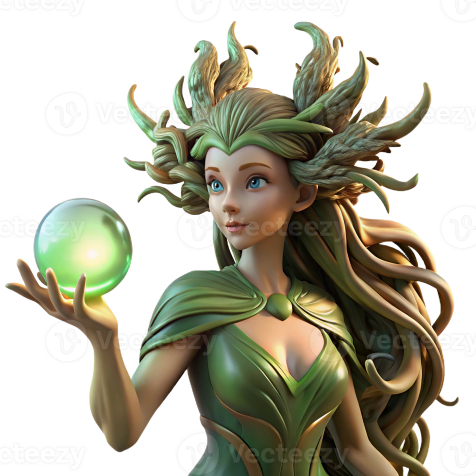 wonderful vintage An elegant dryad with bark-like skin and flowing vines for hair, cradling a glowing orb of nature's magic. Soft, dappled sunlight. Pre-Raphaelite style high resolution png
