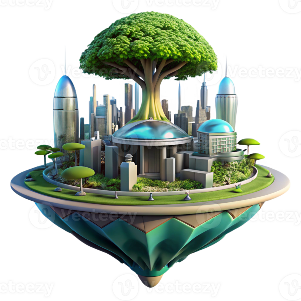 dramatic artistic A futuristic city built on a giant tree, lush vegetation and advanced technology, utopian theme authentic png