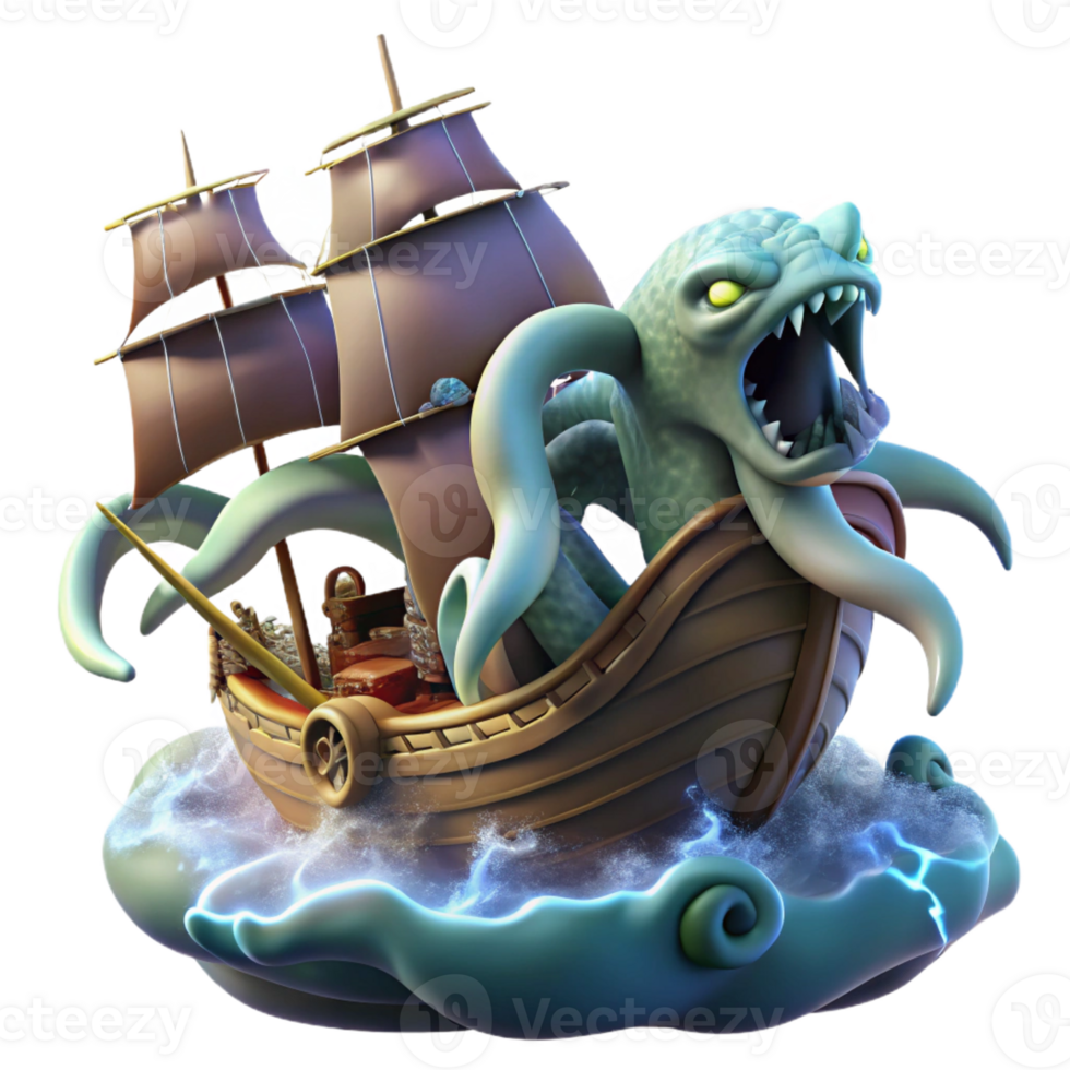 elegant artistic A terrifying kraken attacking a sailing ship, its tentacles thrashing in the stormy sea, lit by lightning, in a dramatic and dynamic style original png