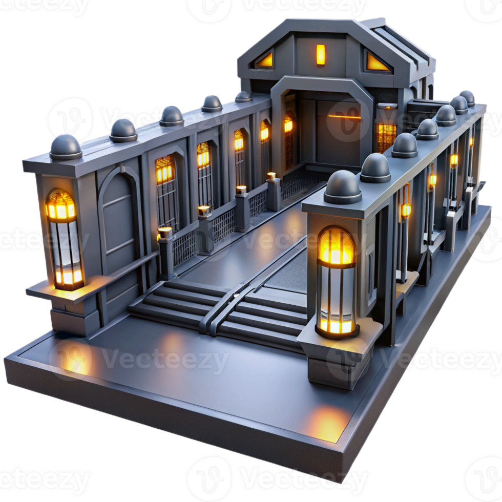 elegant minimalist A futuristic prison with rows of cells and flickering lights, oppressive atmosphere, dark, gritty style, realistic rendering high quality png