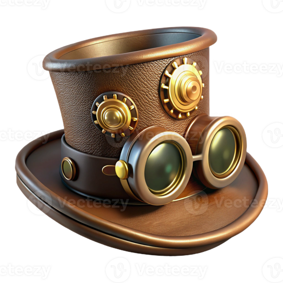 stunning modern A steampunk top hat, with goggles and gears attached, leather and brass, lit by a single spotlight from above, highly detailed, photorealistic genuine png