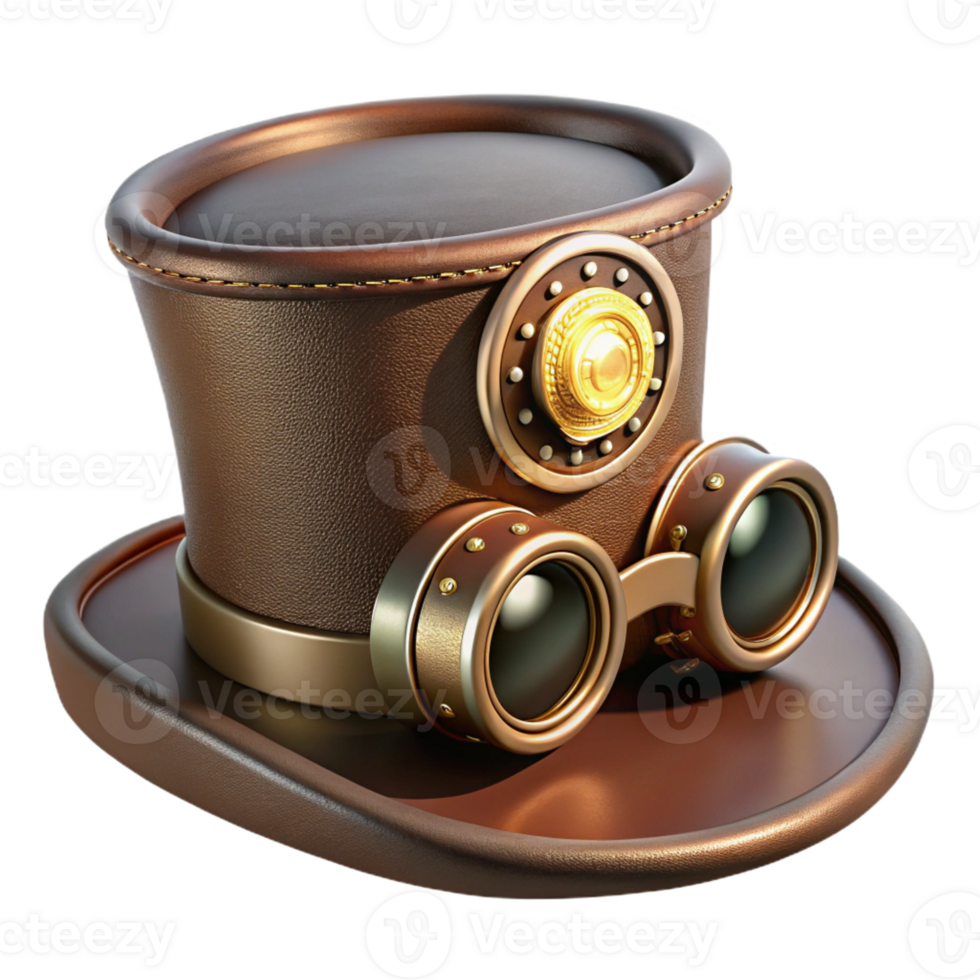elegant classic A steampunk top hat, with goggles and gears attached, leather and brass, lit by a single spotlight from above, highly detailed, photorealistic high quality png