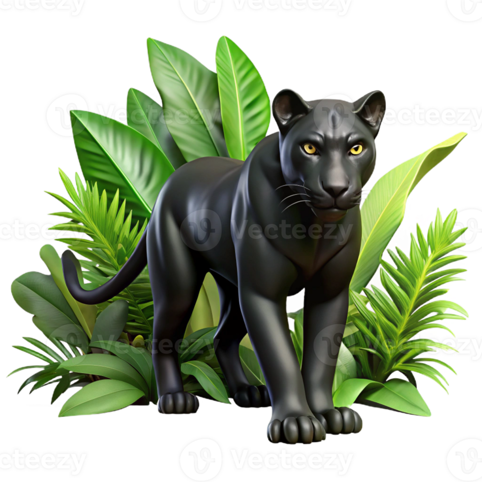 vibrant contemporary A sleek black panther prowling through dense jungle foliage, dappled sunlight creating dramatic shadows. Photorealistic style with sharp focus high resolution png