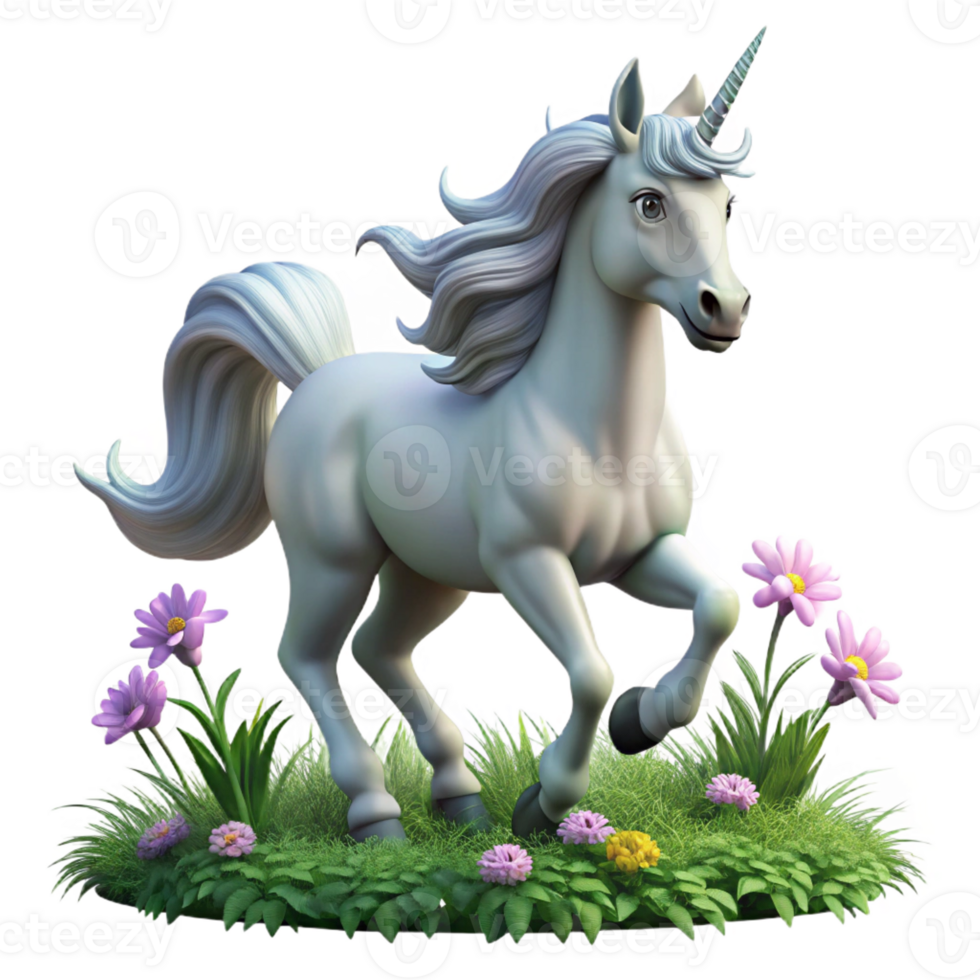 impressive minimalist A majestic unicorn with a silver horn and flowing mane, galloping through a field of wildflowers. Fantasy realism style, soft lighting original png