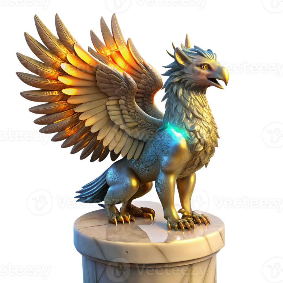 extraordinary minimalist A majestic griffin with iridescent feathers, perched atop a crumbling marble pedestal, illuminated by a single shaft of golden light, in a hyperrealistic style authentic png