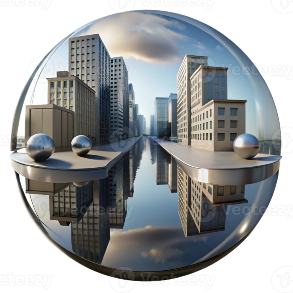 beautiful modern A reflective puddle in a city street mirroring the surrounding buildings, distorted perspective, rainy day, abstract expressionism detailed png