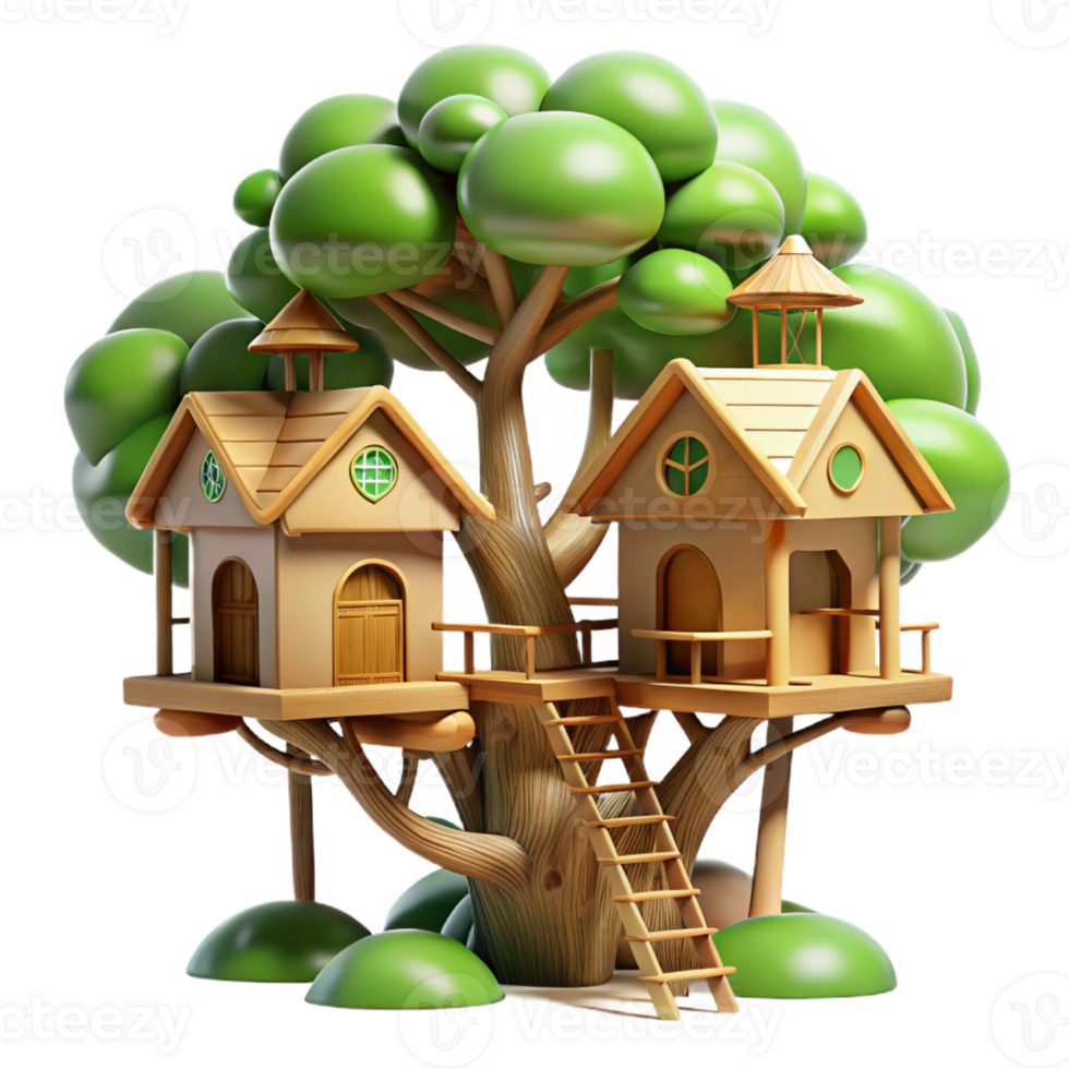 extraordinary vintage Treehouse village, interconnected wooden structures, lush foliage, dappled sunlight, whimsical style professional png