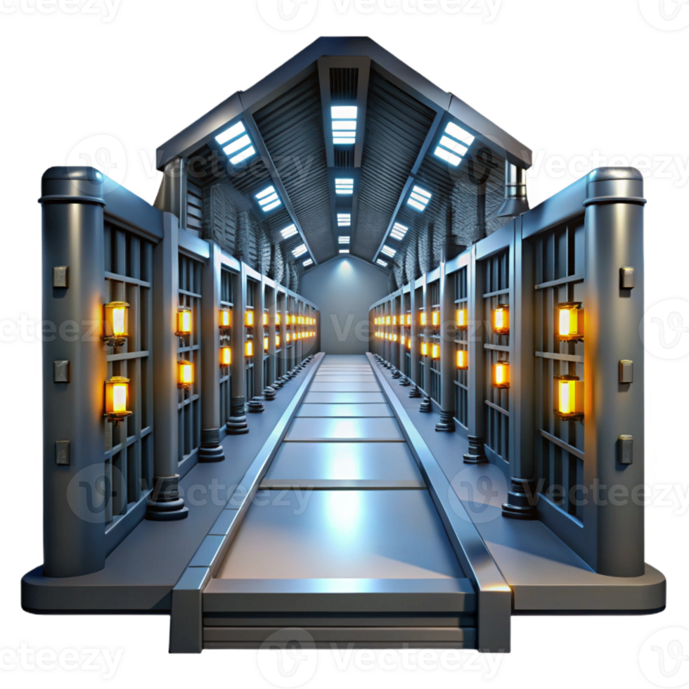 beautiful modern A futuristic prison with rows of cells and flickering lights, oppressive atmosphere, dark, gritty style, realistic rendering premium png