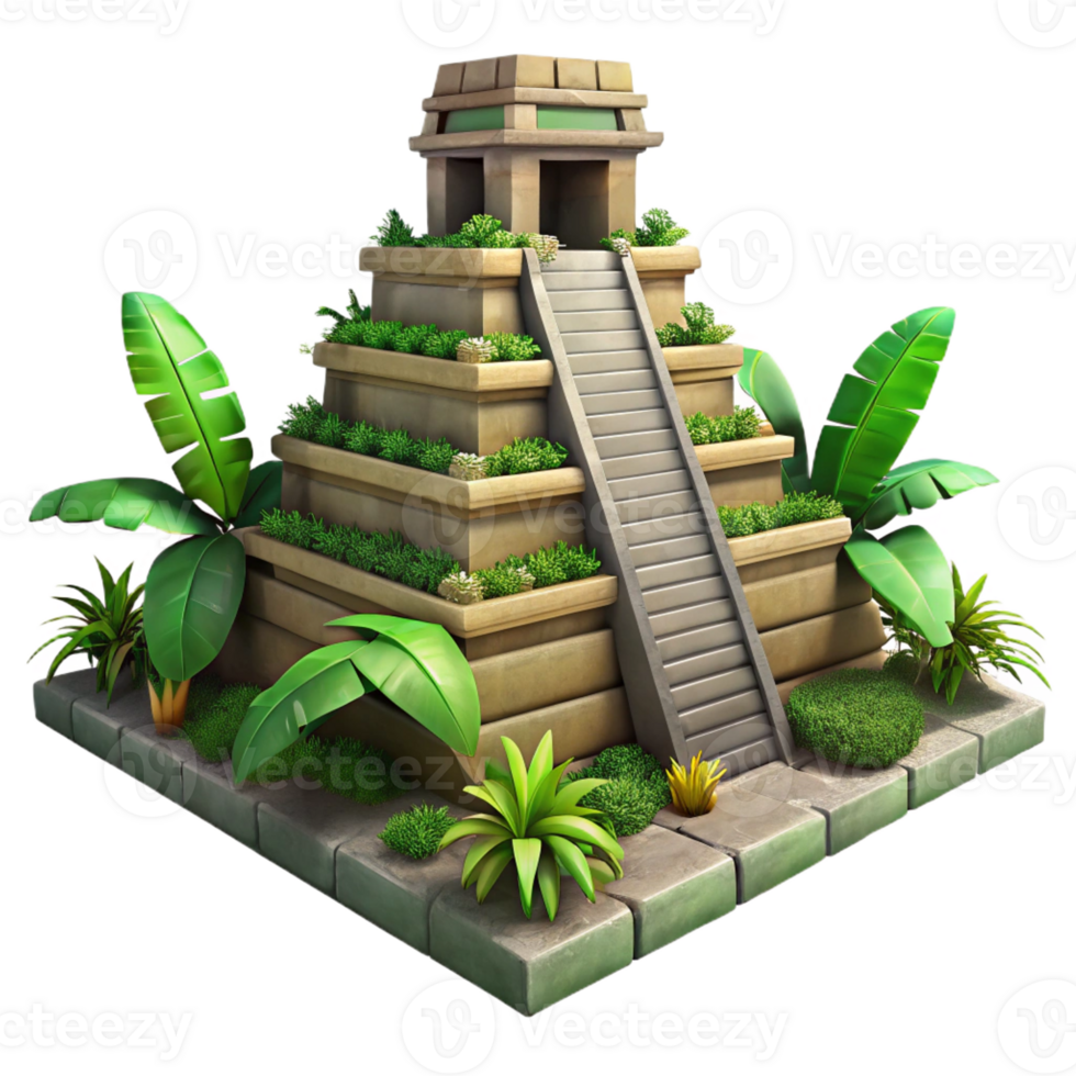 elegant creative A Mayan pyramid temple overgrown with jungle vegetation, dramatic lighting, ancient civilization. Archaeological, historical, realistic rendering original png
