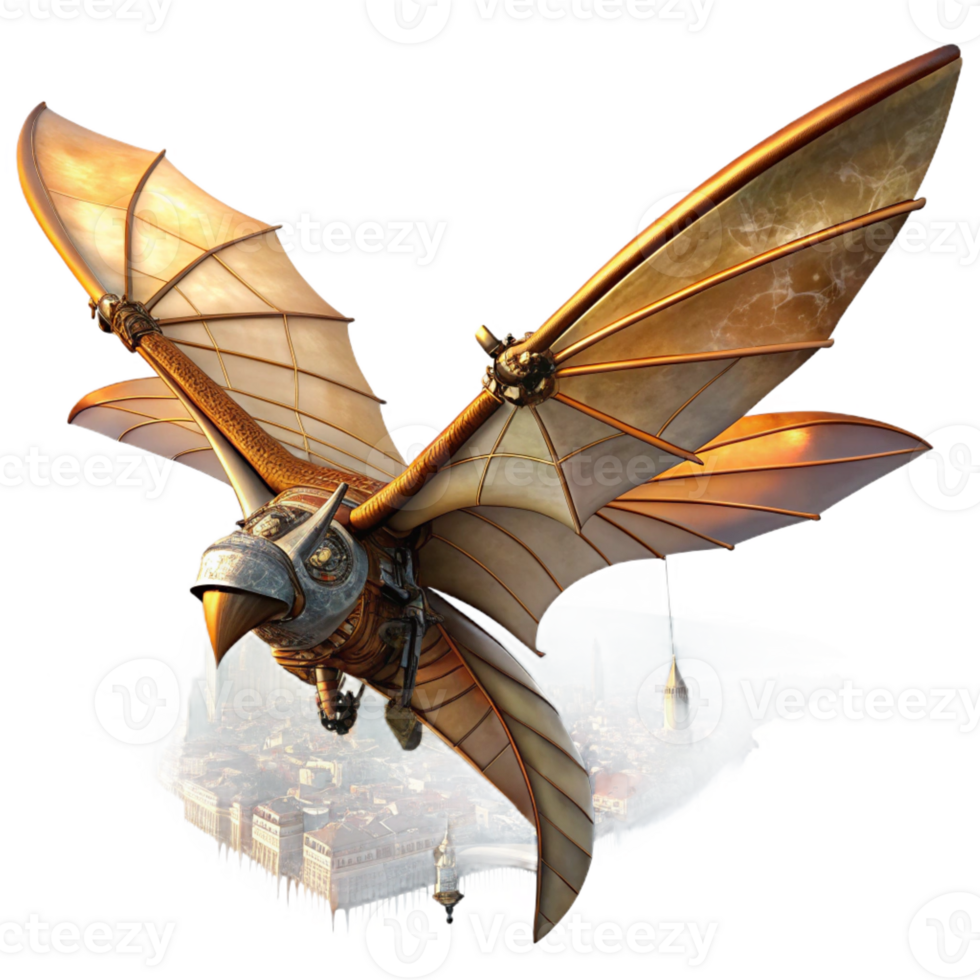 wonderful artistic A steampunk ornithopter, intricate wings flapping, soaring above a cityscape, golden hour lighting, vintage aviation poster style professional png