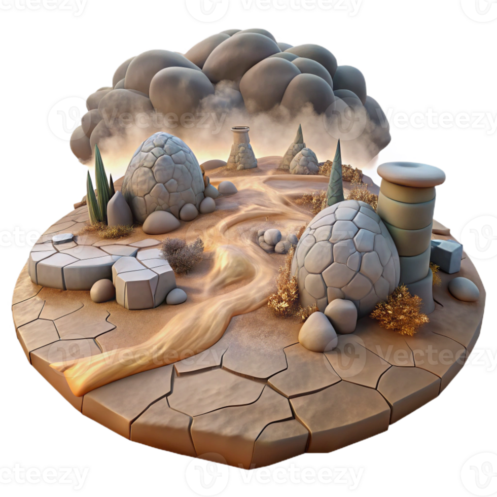 elegant artistic A desolate landscape with cracked earth and toxic fumes, muted color palette, post-apocalyptic style, gritty textures, hazy lighting exclusive png