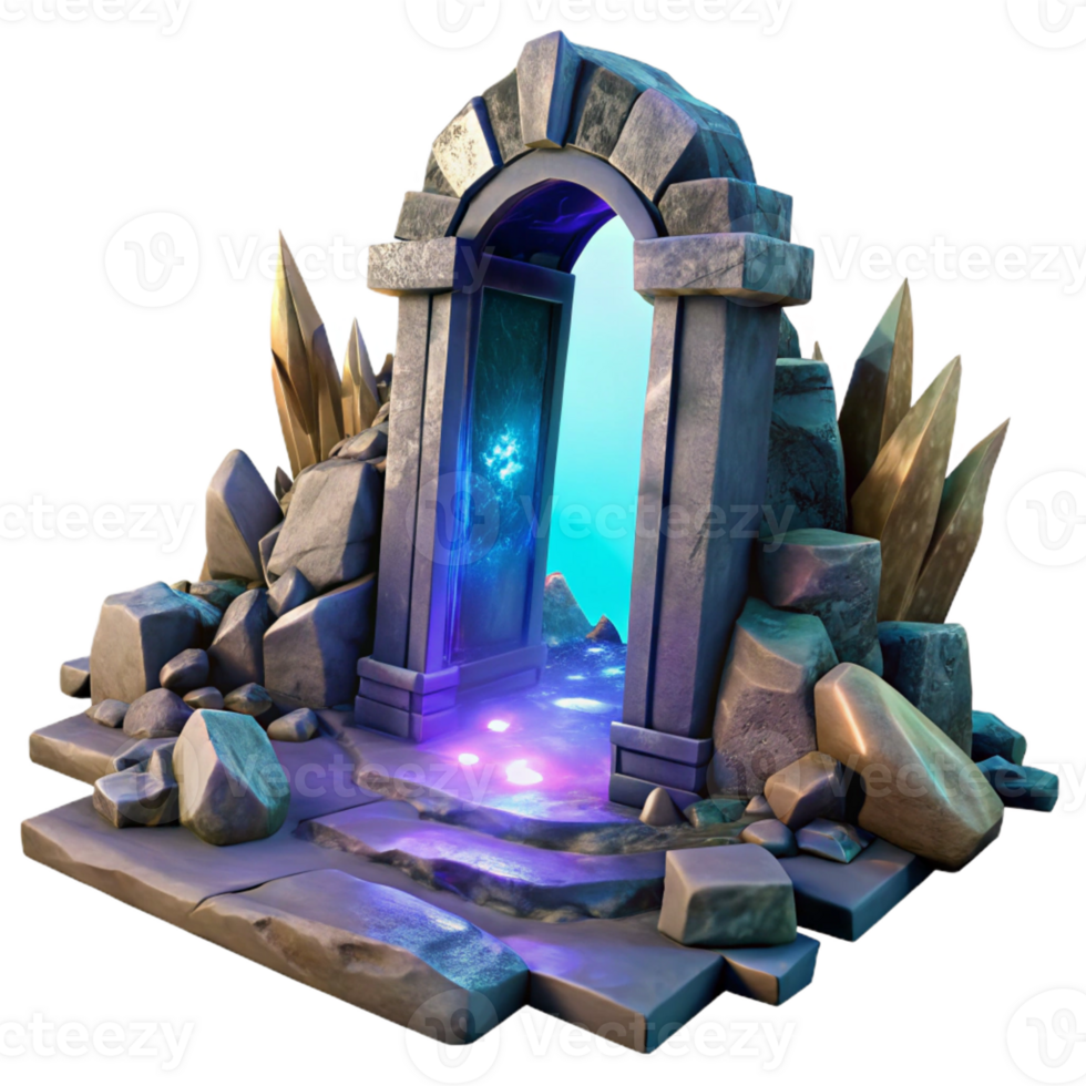 impressive creative A mystical portal shimmering with iridescent light opening amidst ancient ruins, in a dramatic, fantasy art style original png