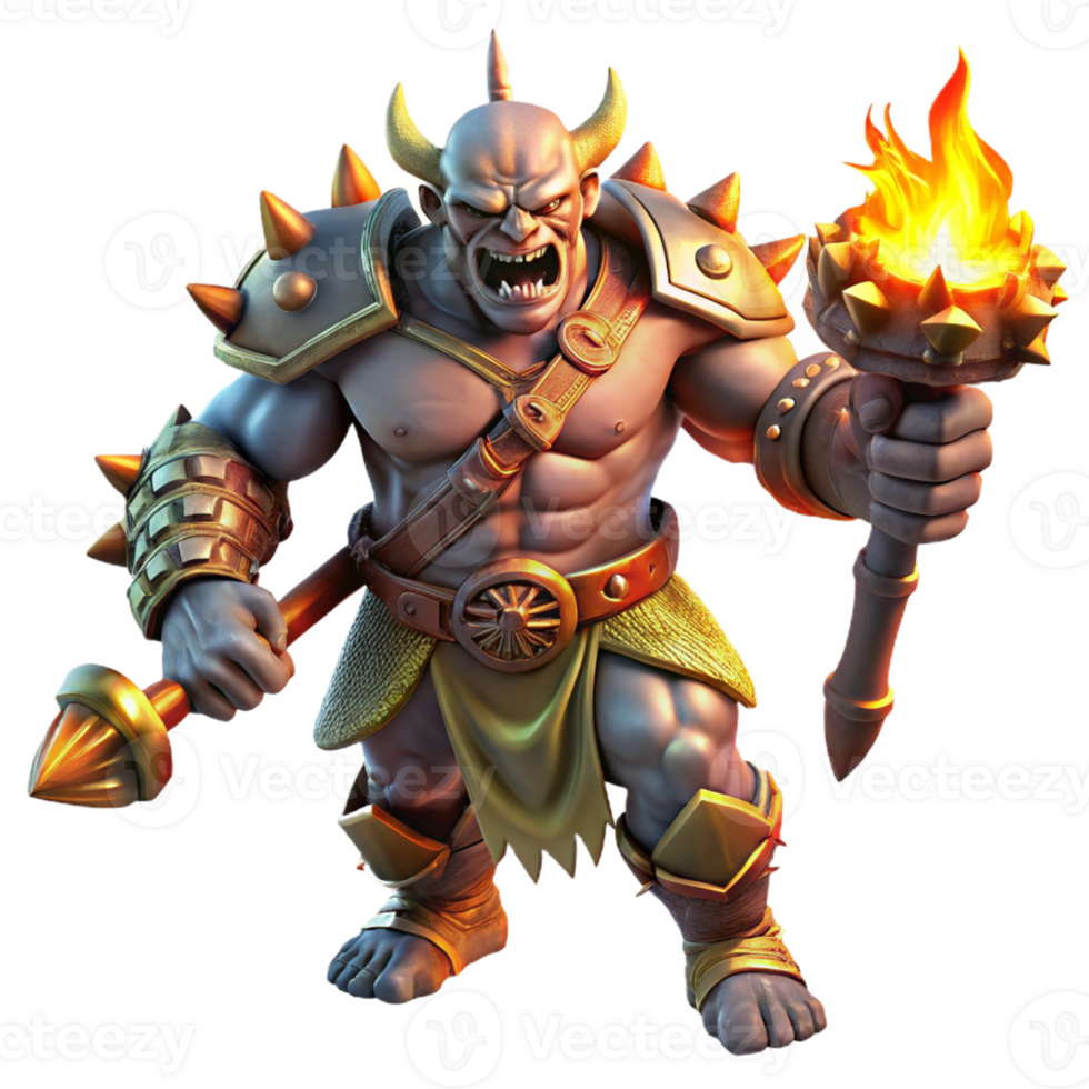 dramatic minimalist A fearsome orc chieftain with heavy armor and a spiked club, roaring in triumph, illuminated by a dramatic, fiery light. Dark fantasy, hyperrealistic, dynamic pose, 8k authentic png