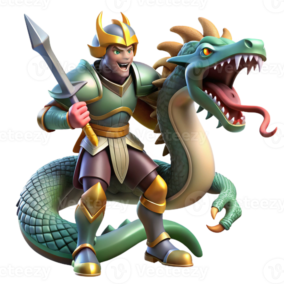 elegant modern A courageous knight in shining armor, battling a fearsome hydra. Dramatic, dynamic lighting. Heroic fantasy style detailed png