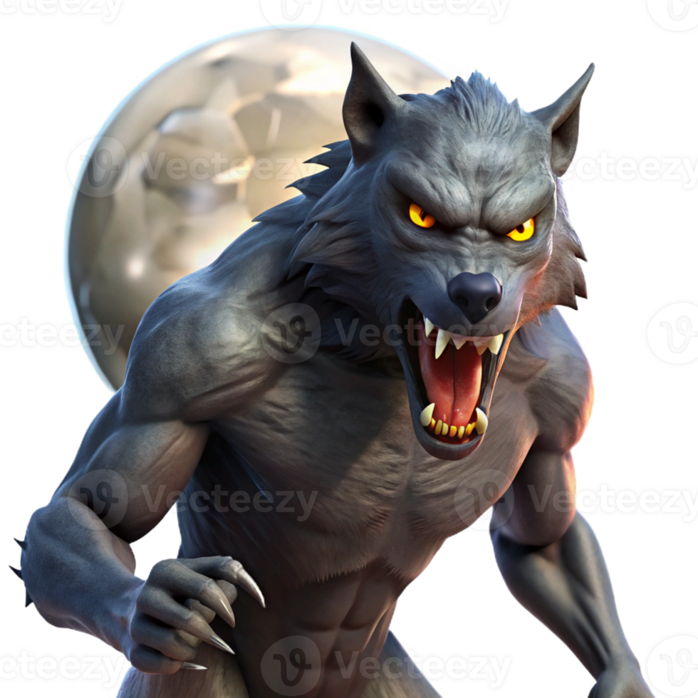 elegant traditional A fierce werewolf with glowing eyes and sharp claws, howling at the full moon. Dark, dramatic lighting, horror fantasy style high resolution png