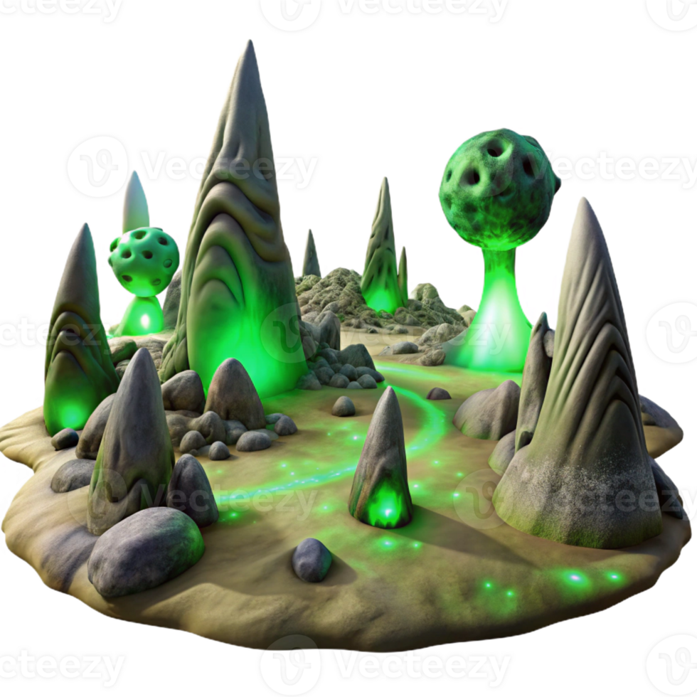 wonderful creative A desolate alien landscape with strange, rock formations and swirling dust devils, illuminated by the harsh, green light of a nearby nebula. Surreal style professional png