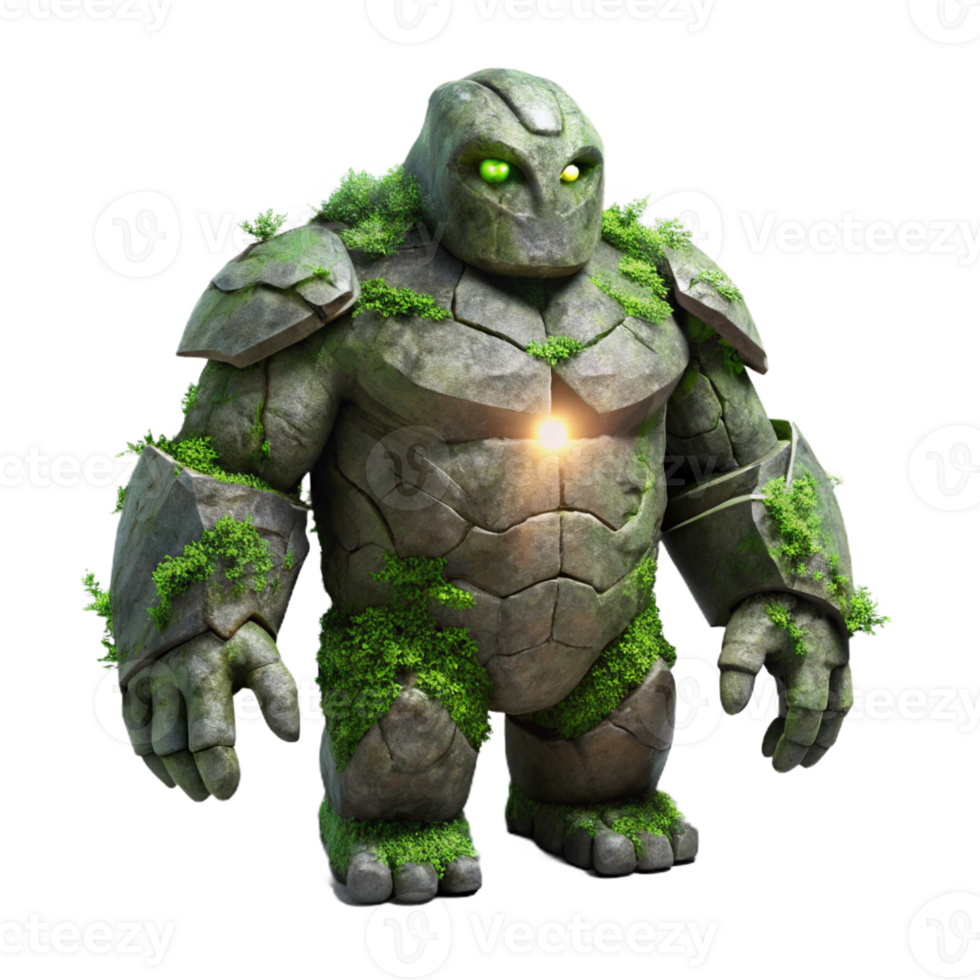 elegant classic An ancient, crumbling stone golem, covered in moss and vines, lit by a single beam of light. Surreal, dark fantasy style high resolution png