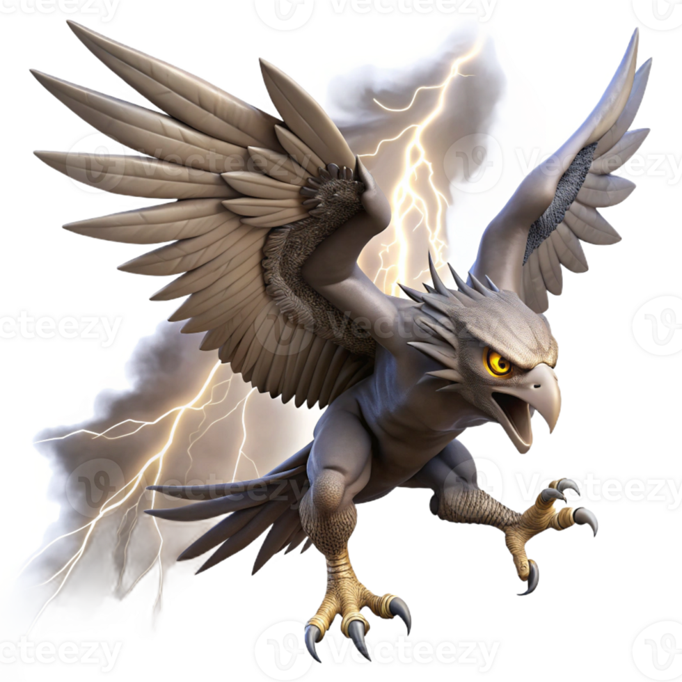 dramatic classic A fierce, winged harpy with razor-sharp talons, diving towards its prey, illuminated by lightning, in a dynamic and dramatic style exclusive png