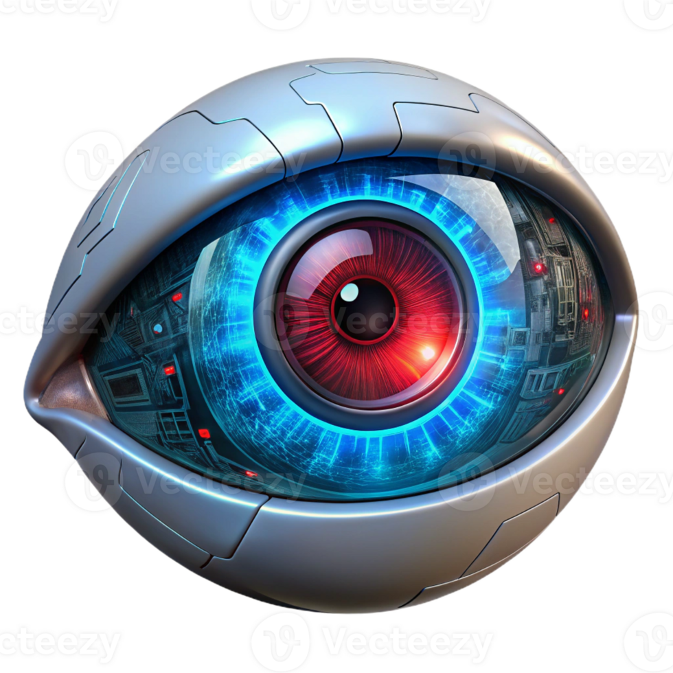 serene creative A close-up of a cyborg's eye, with intricate circuitry and a glowing red pupil, reflecting a futuristic cityscape. Cyberpunk aesthetic, detailed textures, dramatic lighting exclusive png