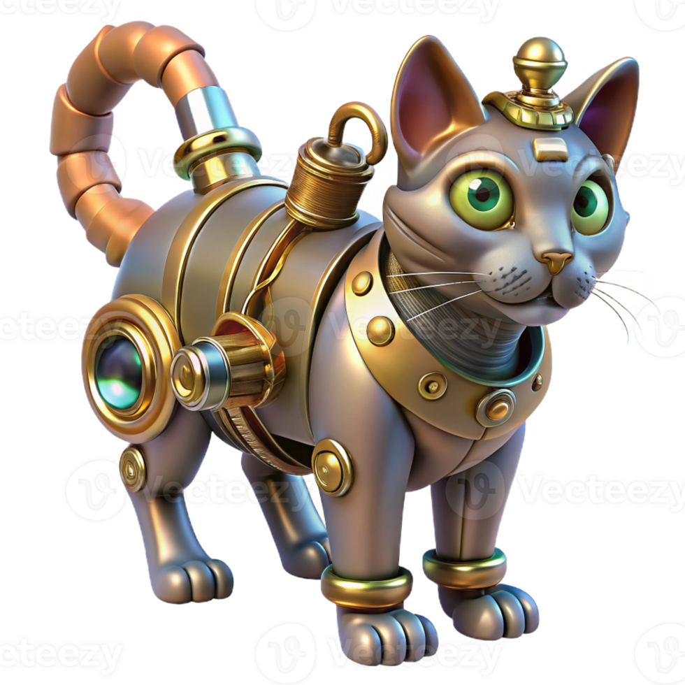 stunning classic A steampunk cat, with mechanical augmentations, gears and pipes, metallic fur, brightly lit, whimsical style exclusive png