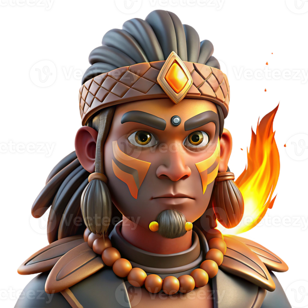 dramatic classic Portrait of a tribal warrior with elaborate face paint and headdress, lit by the flickering light of a campfire, in a stylized, ethnographic art style genuine png