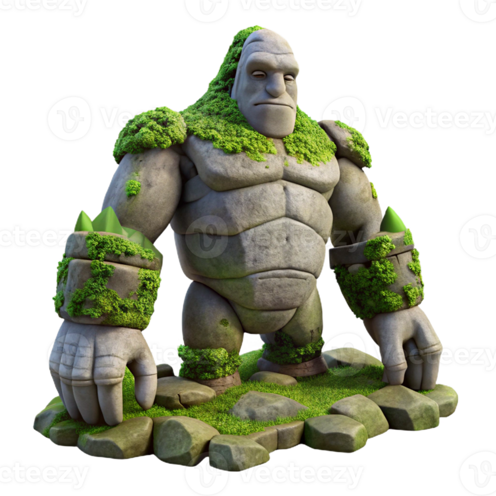impressive contemporary A stoic golem guarding an ancient city, its stone body covered in moss. Soft, natural lighting. Surrealist style authentic png