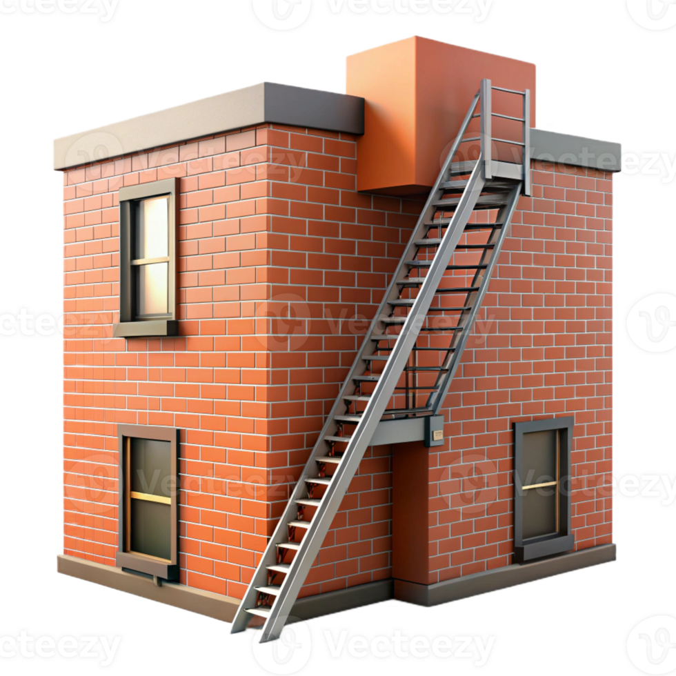 beautiful classic A fire escape ladder zigzagging up the side of a brick building, urban geometry, hard light authentic png