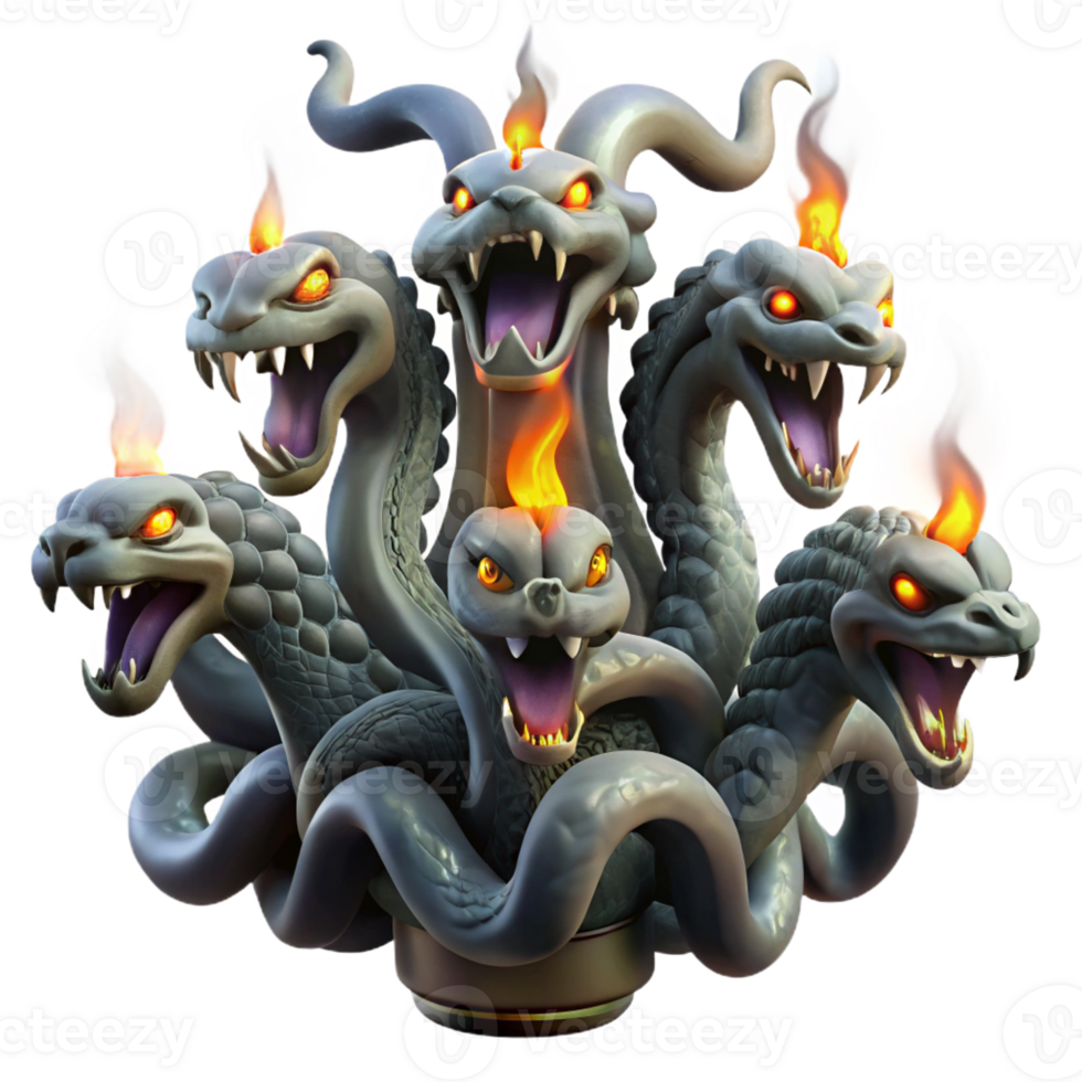dramatic modern A powerful hydra with nine serpentine heads, each emitting a different colored flame, against a backdrop of swirling smoke. Dramatic, chiaroscuro lighting. Baroque style authentic png