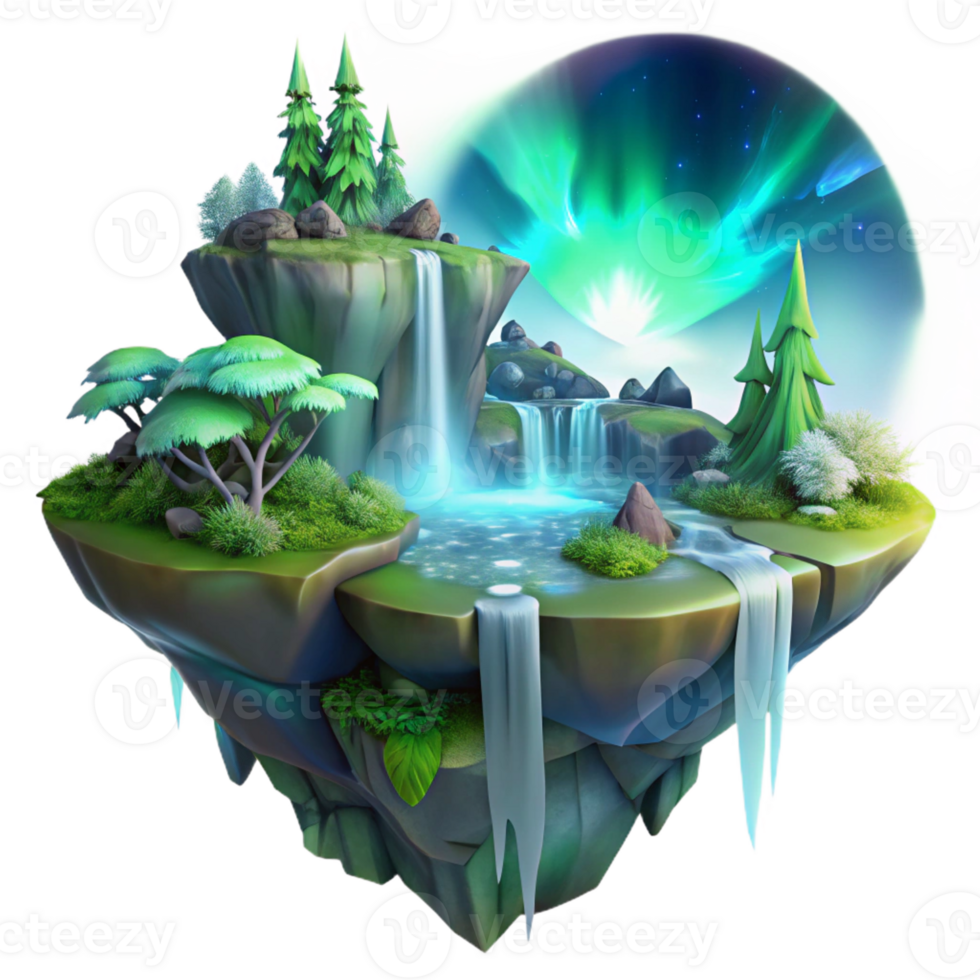 serene contemporary A floating island, covered in lush vegetation and waterfalls, illuminated by a magical aurora. Dreamlike, fantasy art style high quality png