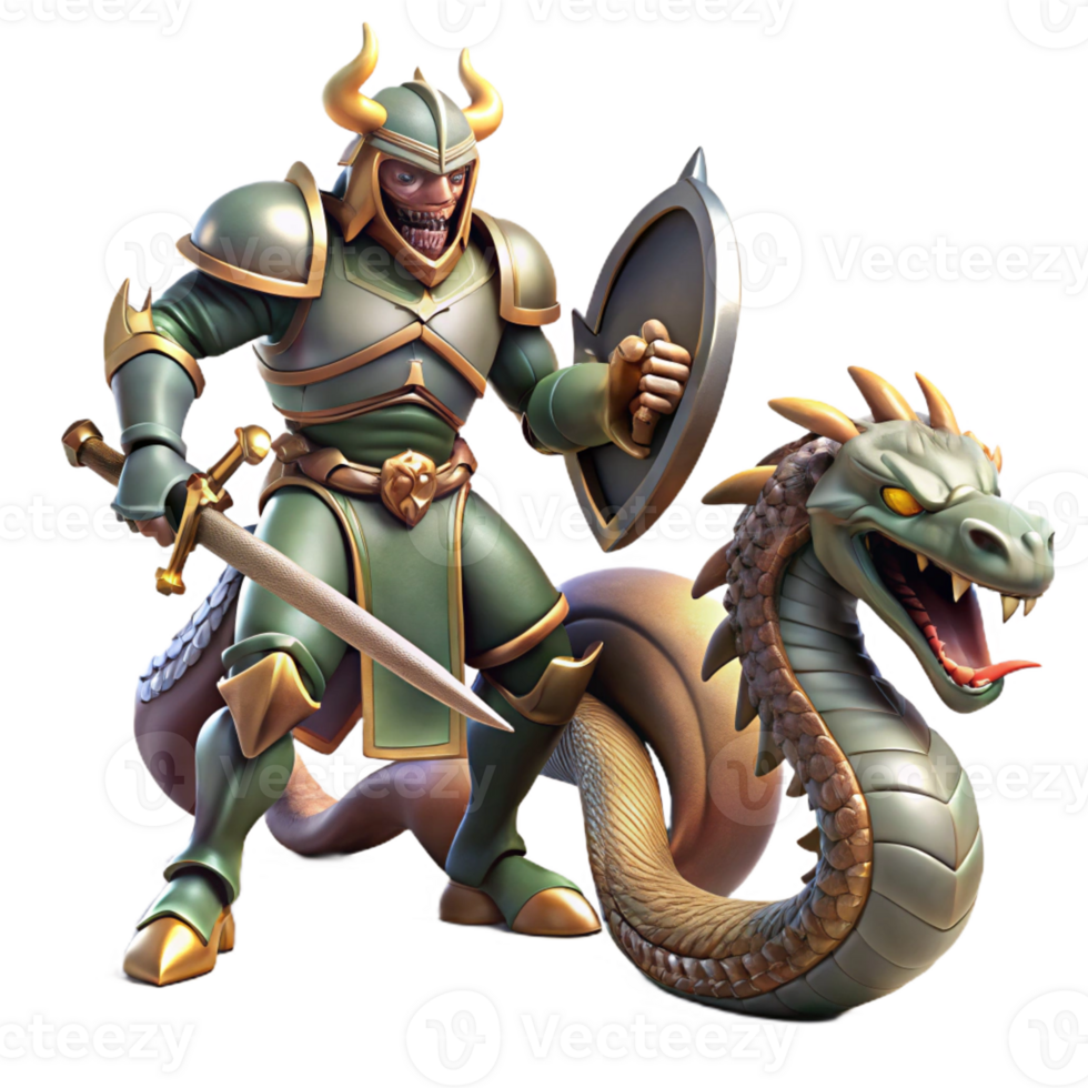 elegant vintage A courageous knight in shining armor, battling a fearsome hydra. Dramatic, dynamic lighting. Heroic fantasy style 4K png