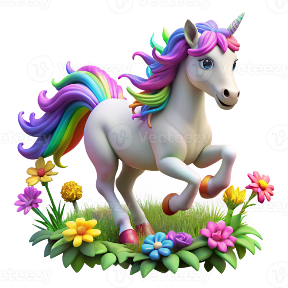 vibrant creative A majestic unicorn with a rainbow mane galloping through a field of glowing flowers, in a vibrant, fairytale style genuine png
