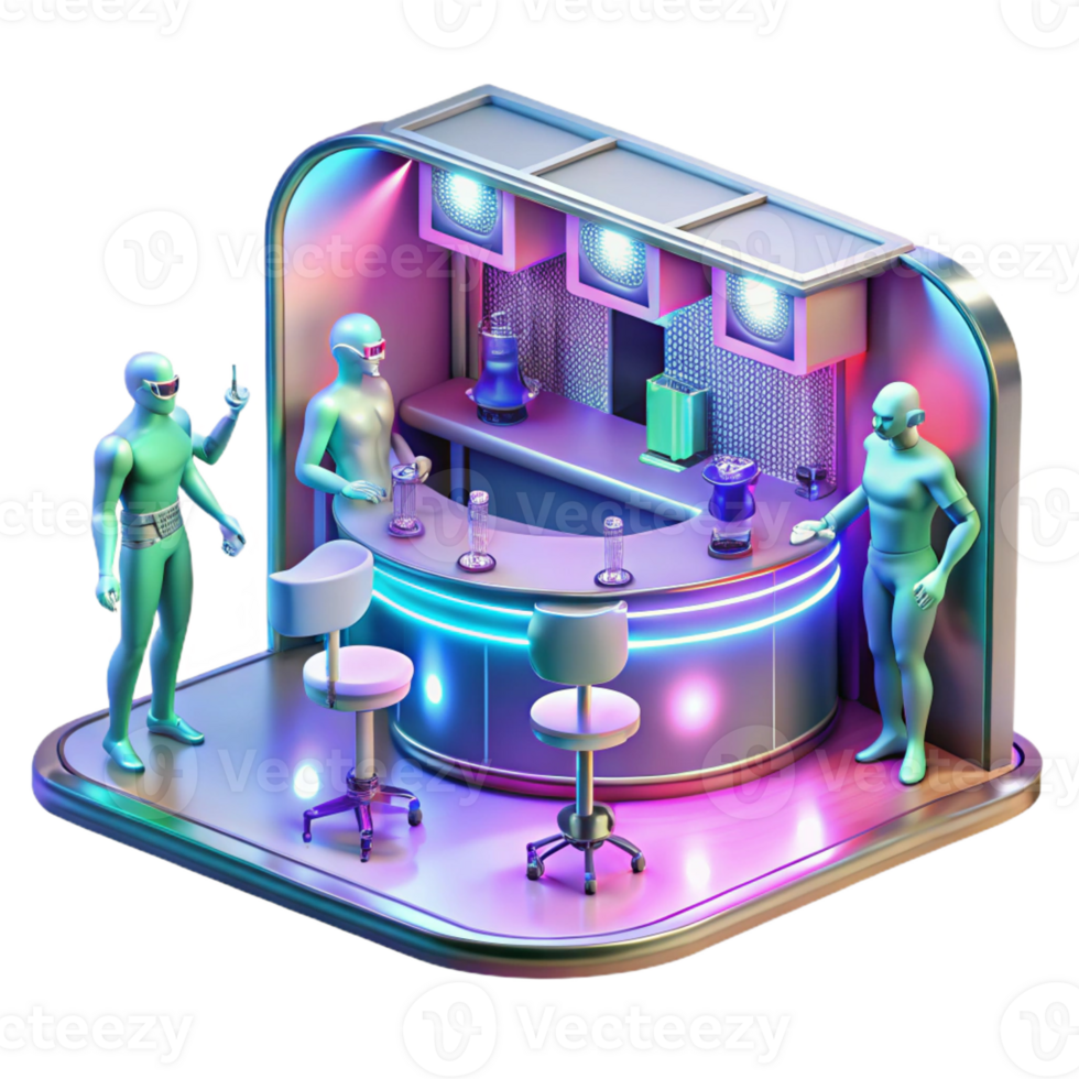 extraordinary traditional A futuristic bar scene with holographic dancers and patrons with cybernetic implants, in a vibrant, art deco style professional png