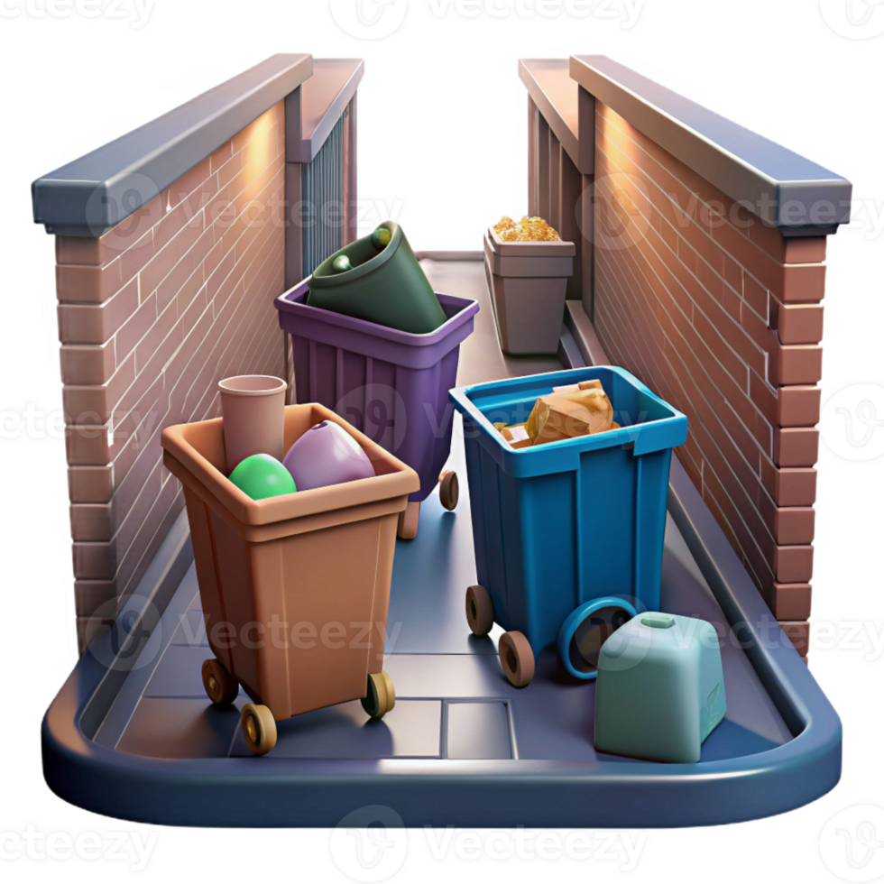 magnificent traditional A view looking down a narrow alleyway filled with overflowing dumpsters, urban decay photography, gritty lighting high quality png