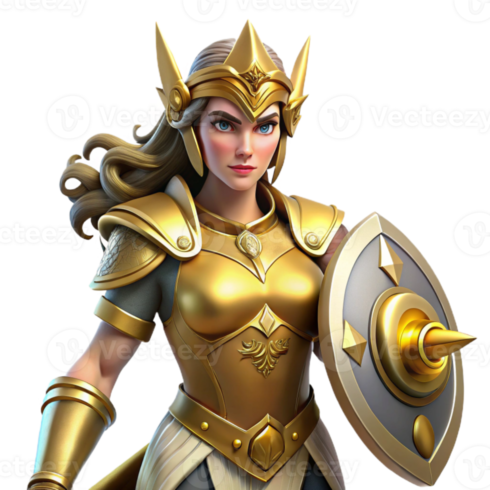 serene minimalist A fierce warrior queen with golden armor and a determined expression, wielding a sword and shield, dramatic lighting, heroic and powerful style detailed png