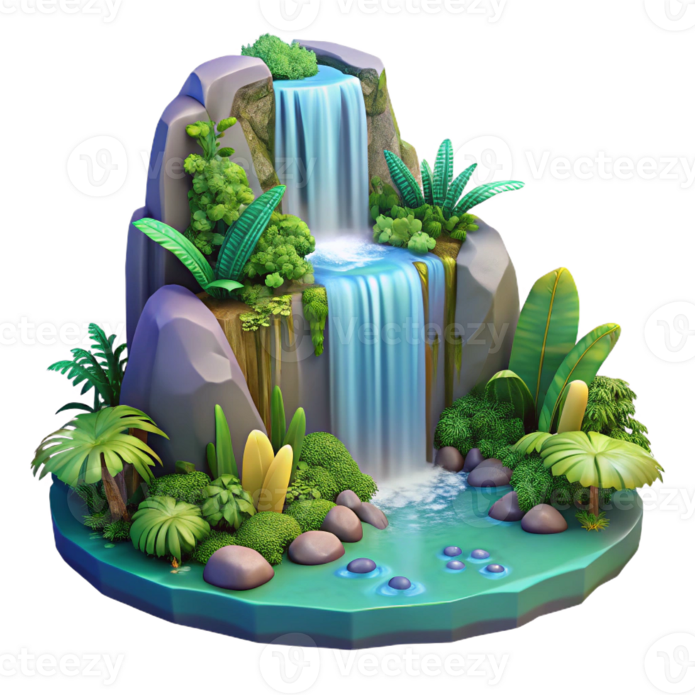 elegant artistic A cascading waterfall surrounded by lush tropical foliage, vibrant colors, fantasy art style detailed png