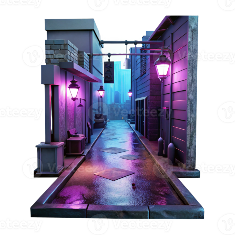 elegant abstract Cyberpunk alleyway, neon signs, grimy textures, rainy night, dystopian style 4K png