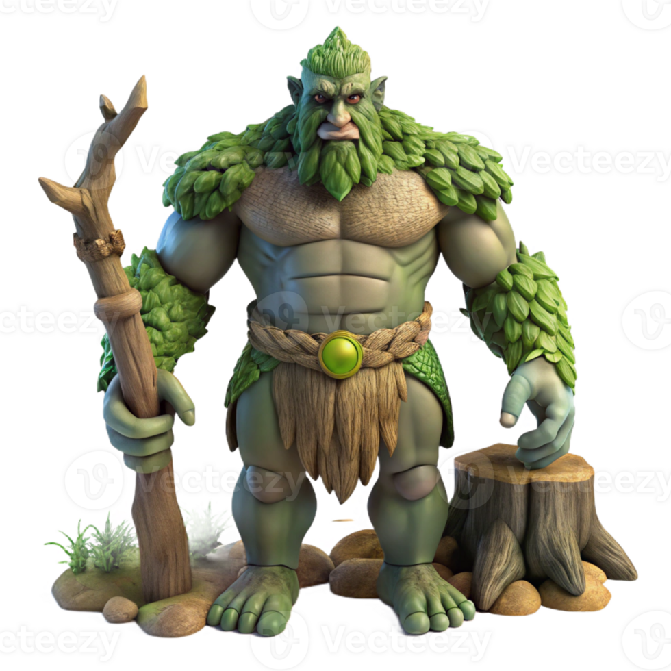 dramatic classic A powerful giant with tree-like skin and a club, standing guard over a forest. Fantasy realism style, dappled lighting authentic png