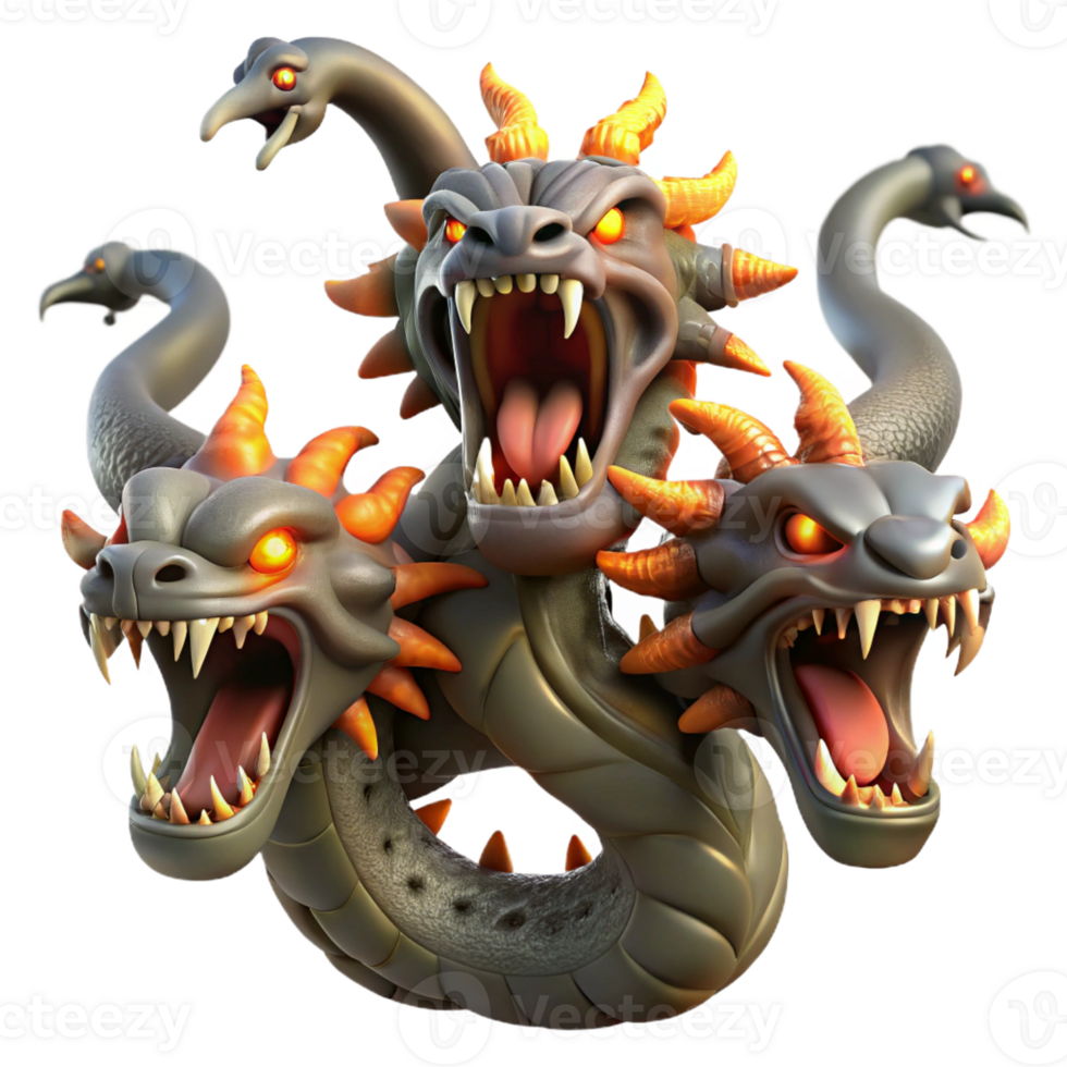 impressive rustic A fierce hydra with multiple heads, each spewing venomous fumes. Dark fantasy style, dynamic lighting exclusive png