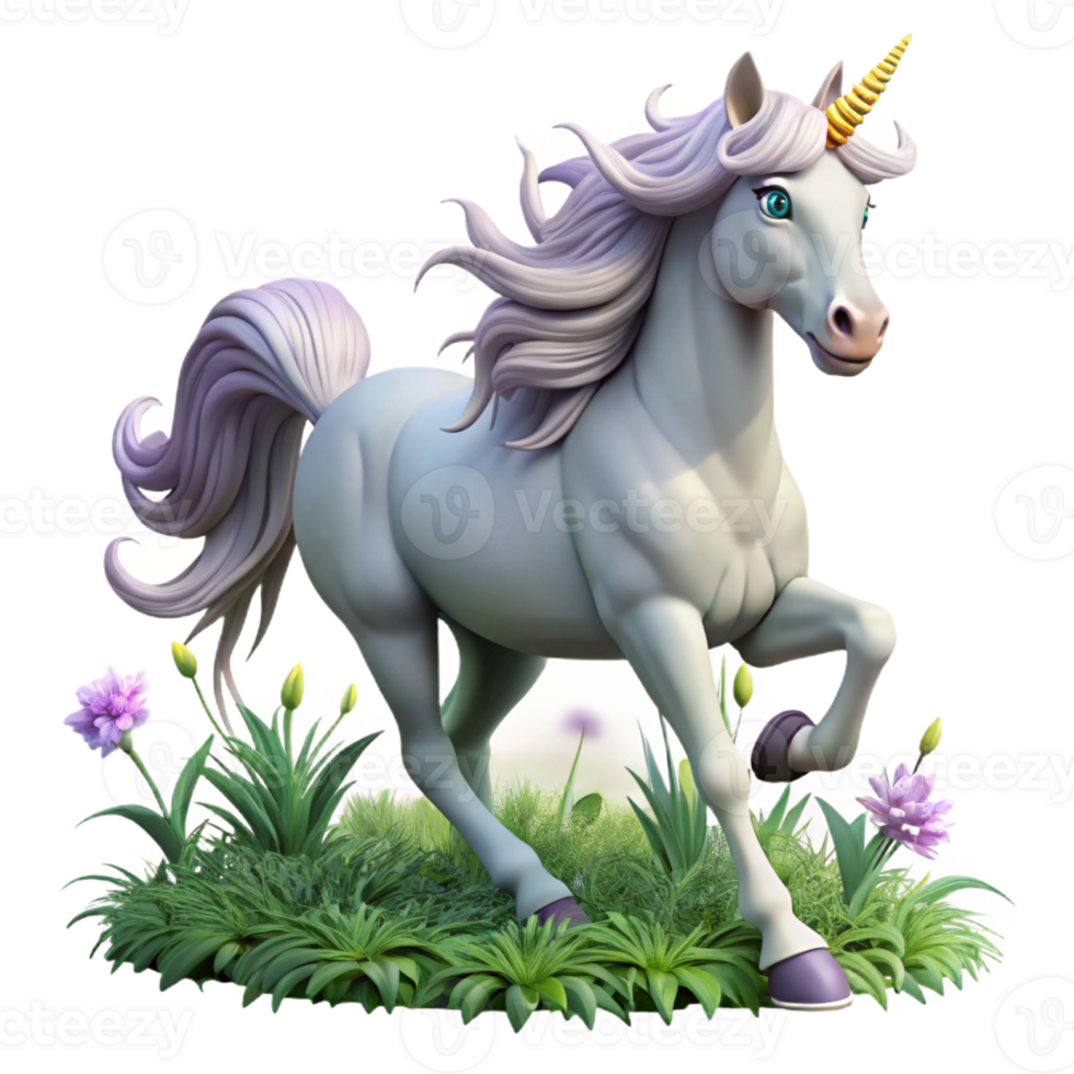 vibrant classic A majestic unicorn with a silver horn and flowing mane, galloping through a field of wildflowers. Soft, golden sunlight, dreamlike fantasy style high quality png
