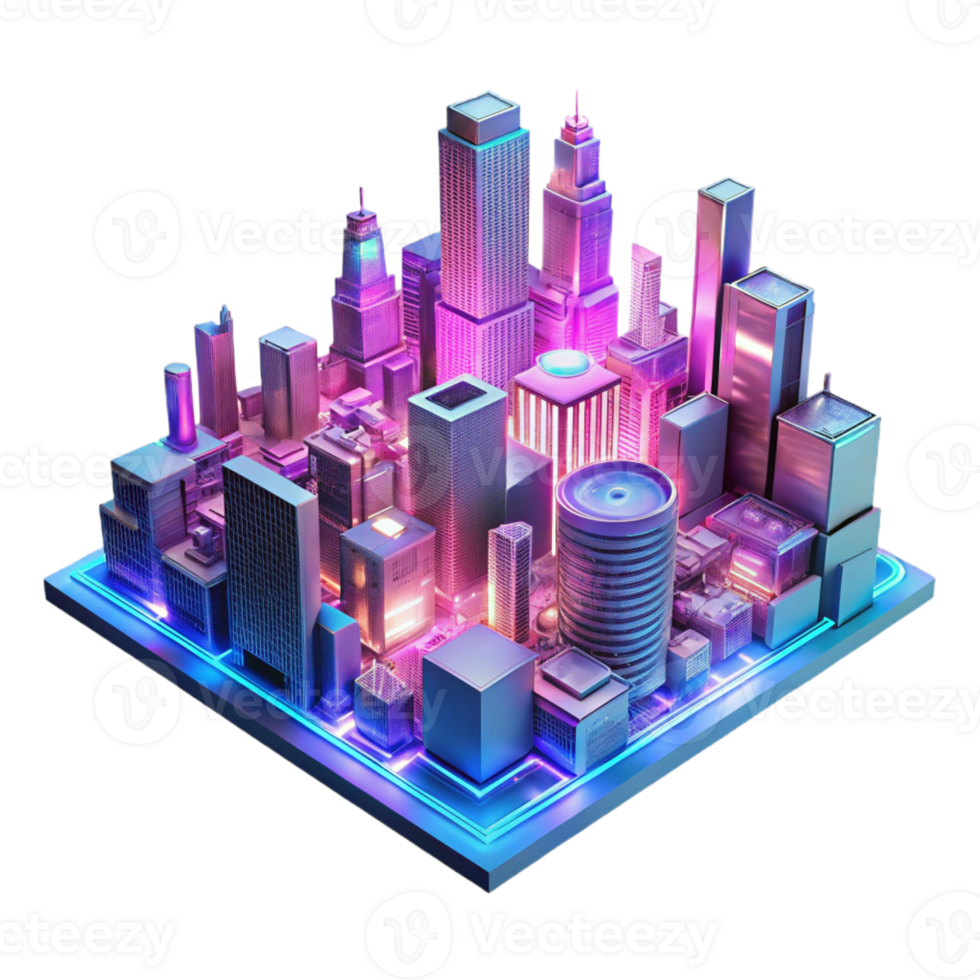 dramatic creative A futuristic city skyline composed entirely of circuit boards and wires, illuminated by neon pink and blue lights, cyberpunk style 4K png