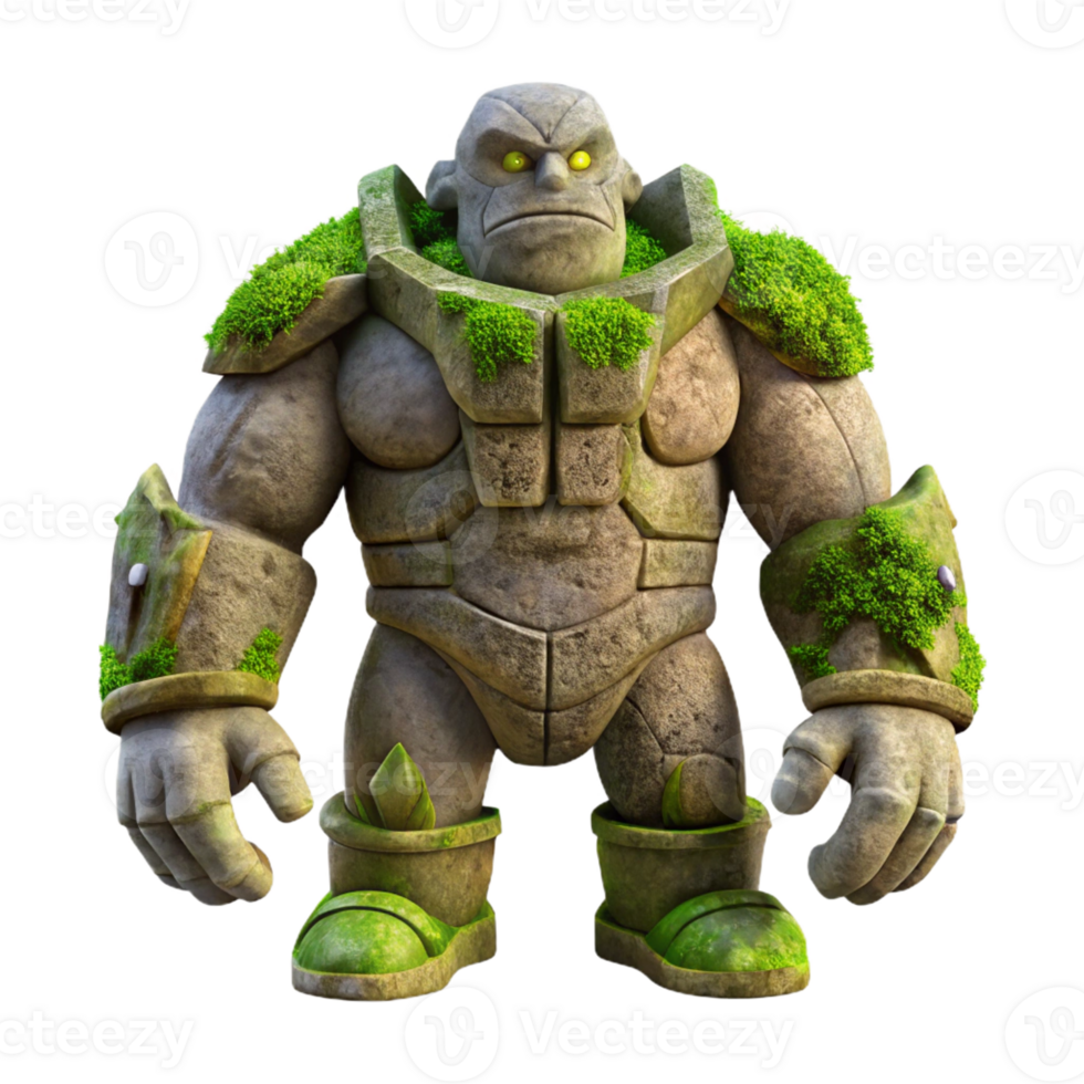 stunning minimalist A powerful golem made of stone and moss, standing guard in a forgotten temple. Soft, ambient lighting, ancient fantasy style authentic png