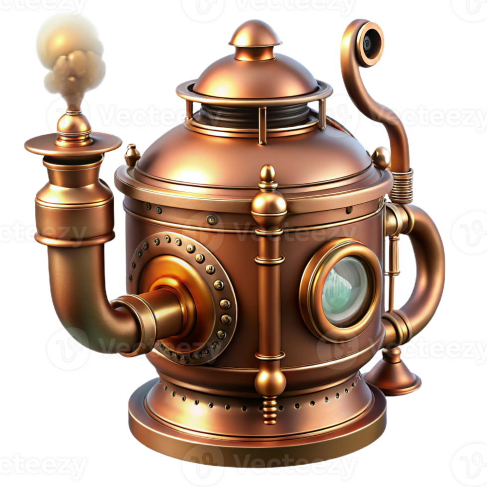 serene rustic A steampunk teapot, copper and brass, with visible pipes and gauges, steam rising, warm, inviting lighting, highly detailed, realistic detailed png